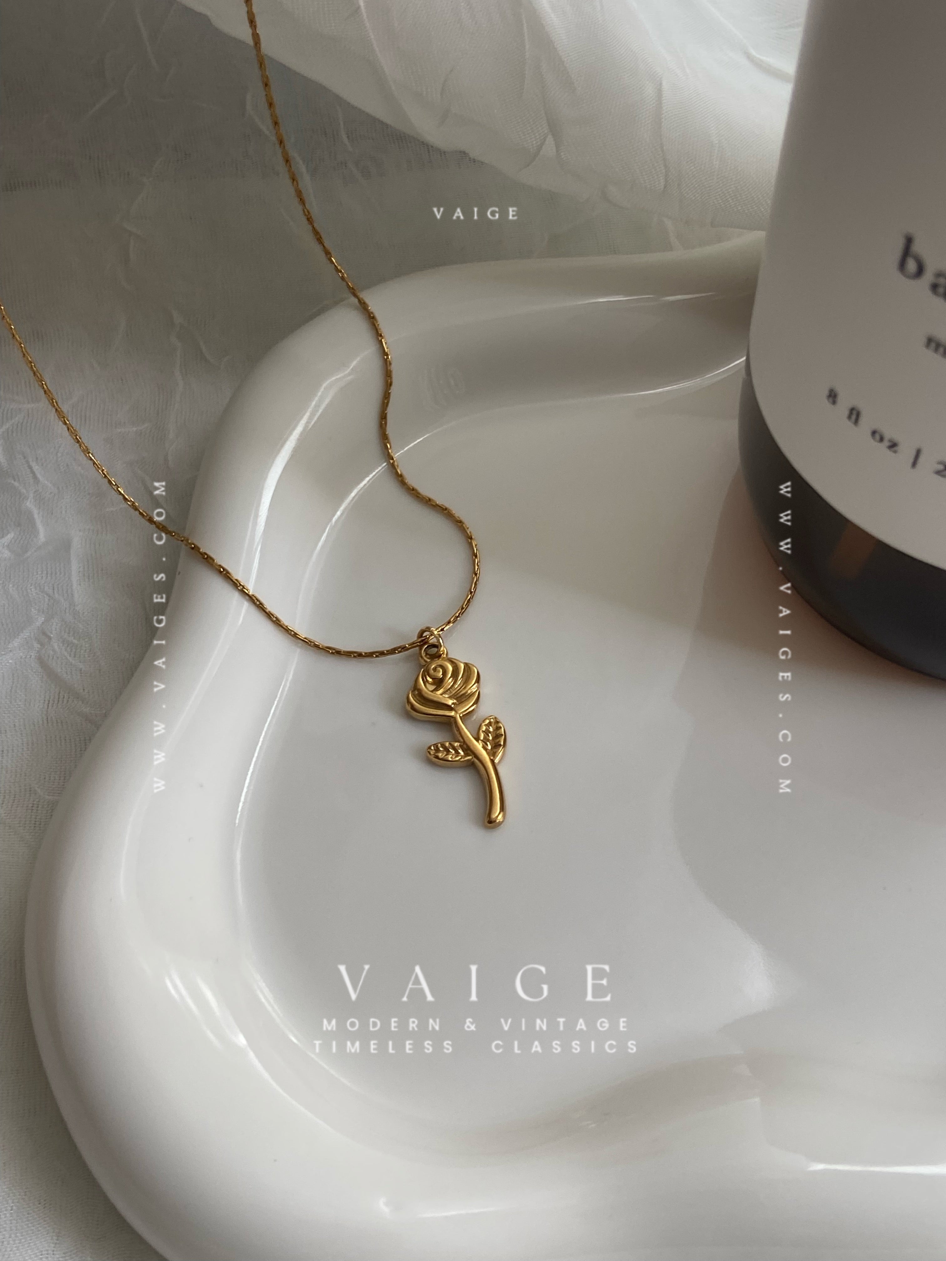 VAIGE 18K Gold Plated Stainless Steel Rose Charm Necklace